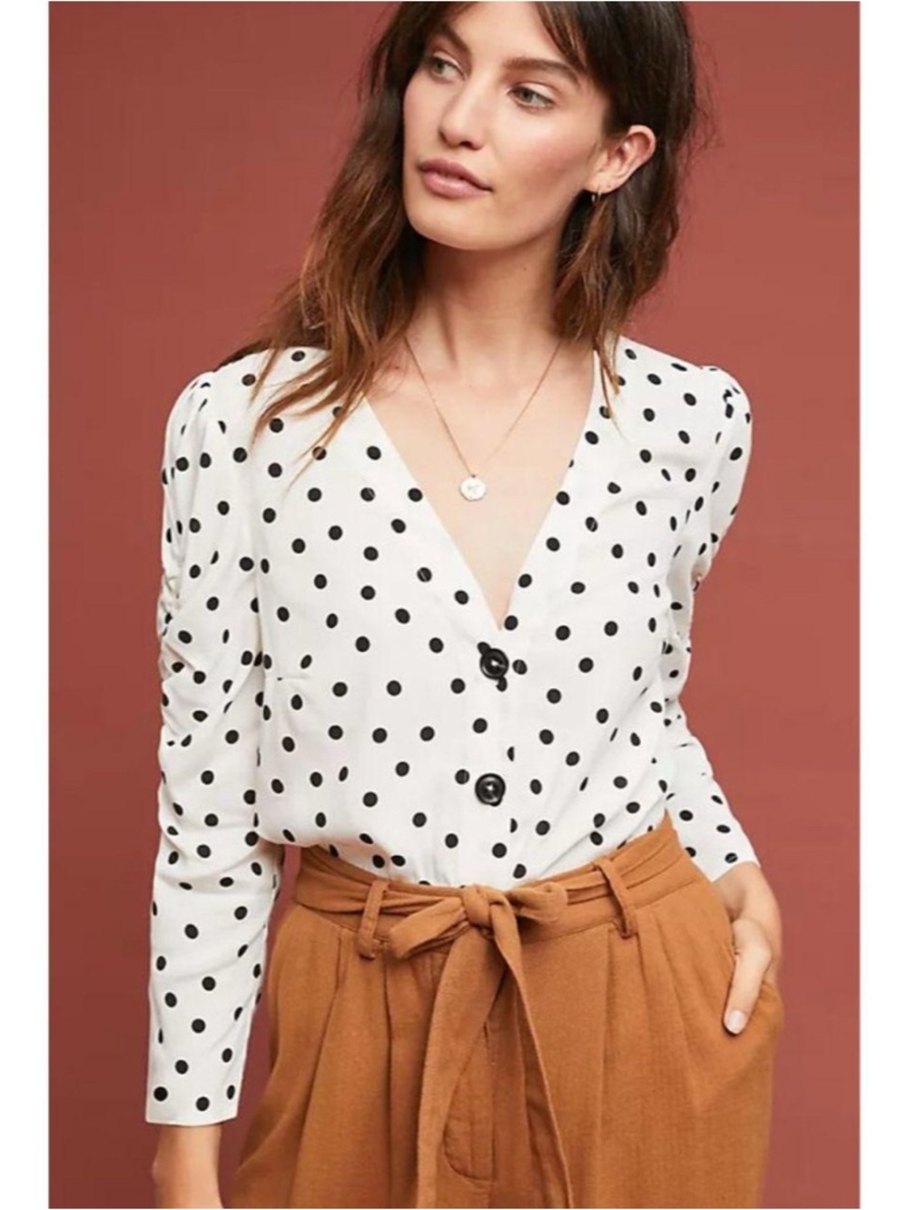 Maeve By Anthropologie Jourdain Blouse Size: S Polka Dot Ruched Sleeve